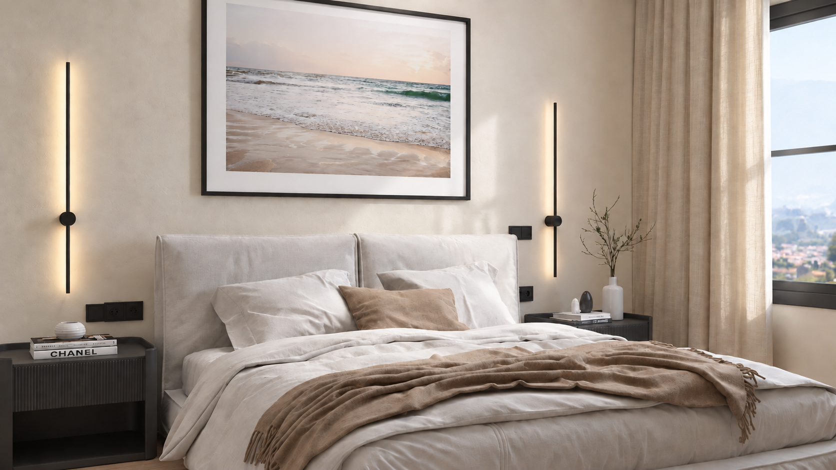 After: elegant bedroom with a soft neutral palette and refined styling.