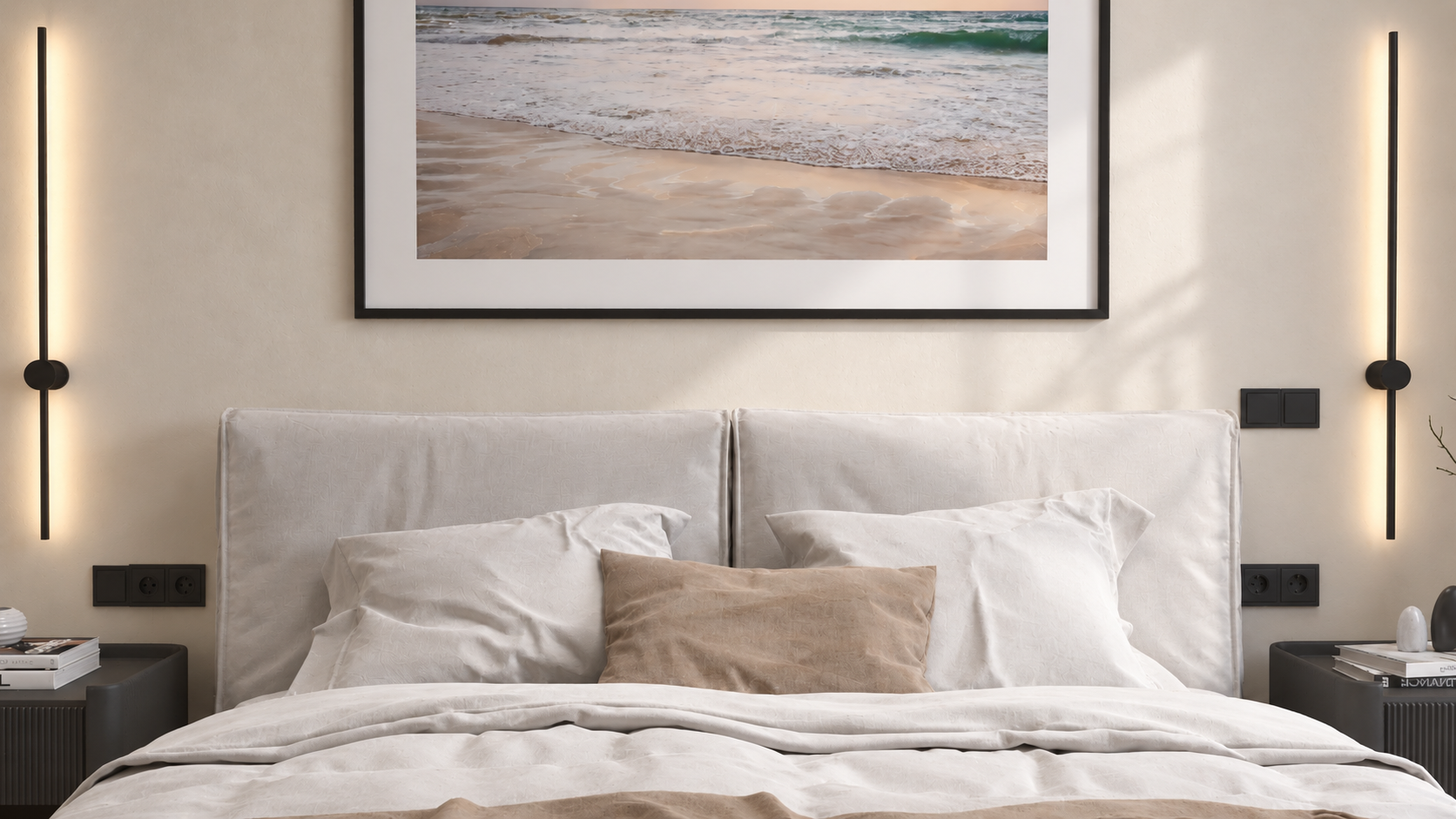 After: serene bedroom with a linen headboard and warm neutral styling.