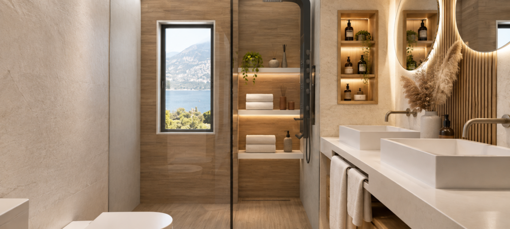 After: detail of the completed modern bathroom interior.