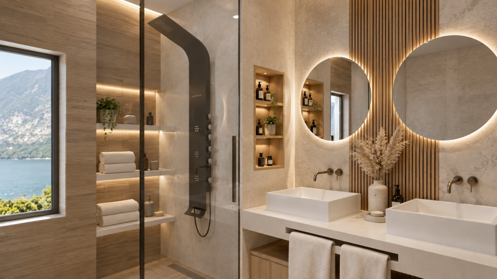 After: completed modern bathroom renovation from a second angle.