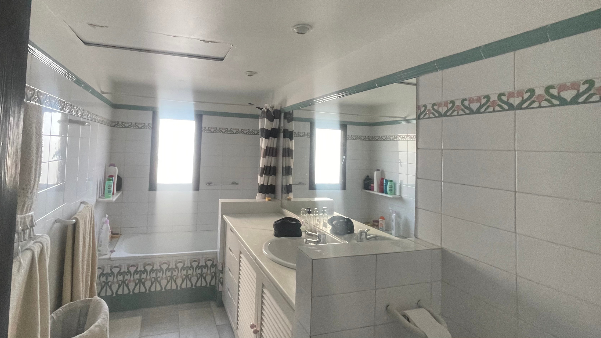 Baño existente con bañera, mueble de lavabo, espejo amplio y cenefa decorativa verde
