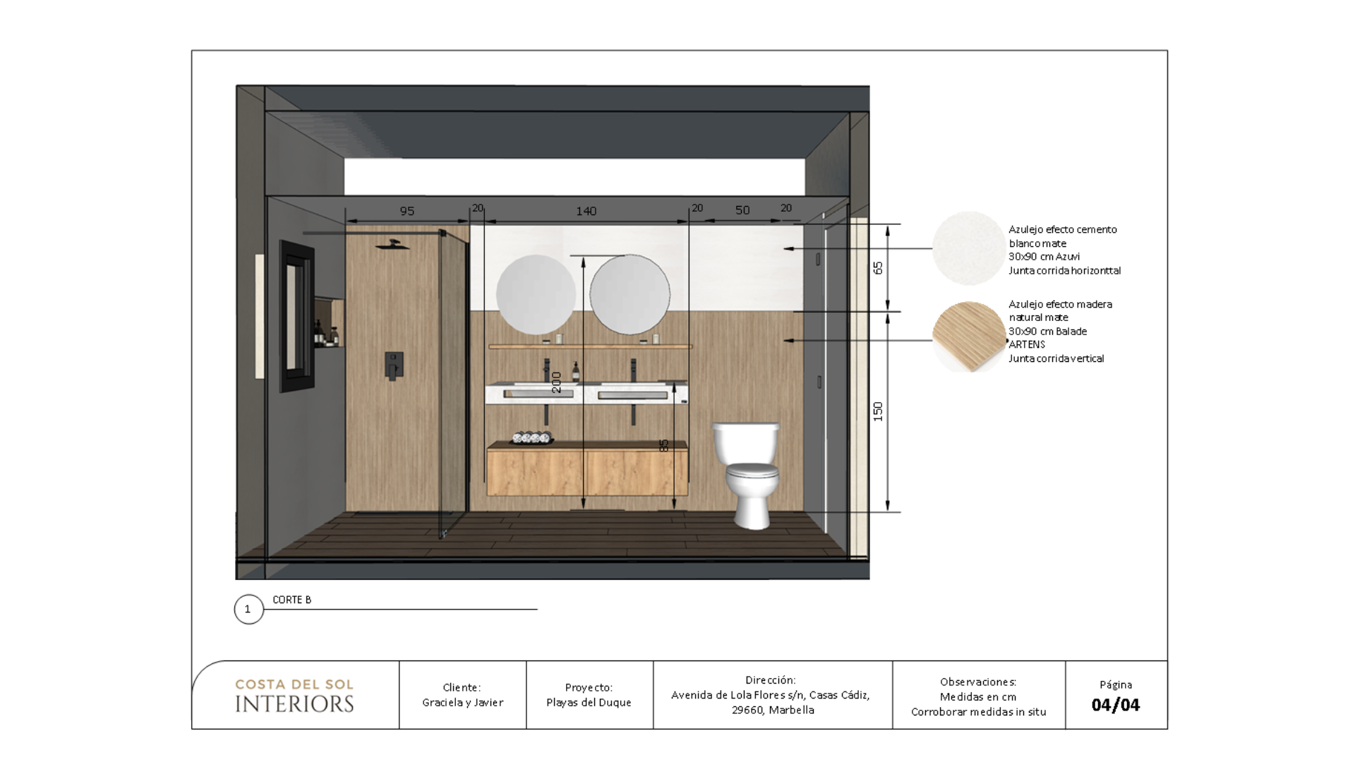 Alzado técnico del baño con lavabo doble, espejos redondos, ducha y acabados de madera