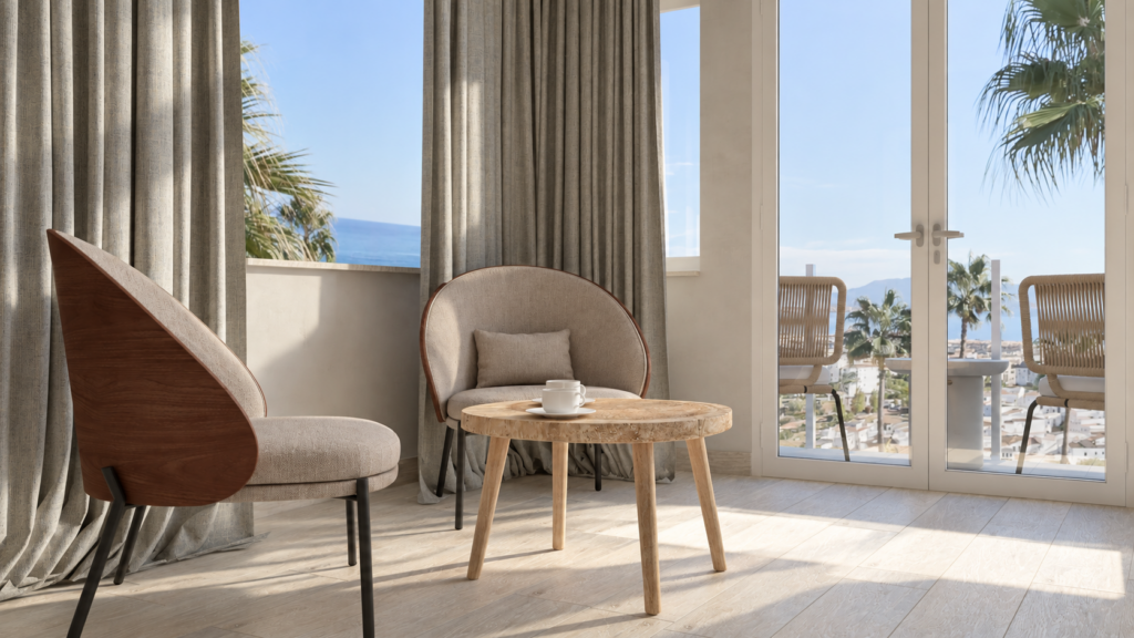 Beachfront Studio – After Bedroom View After: serene Mediterranean bedroom in a beachfront holiday studio.