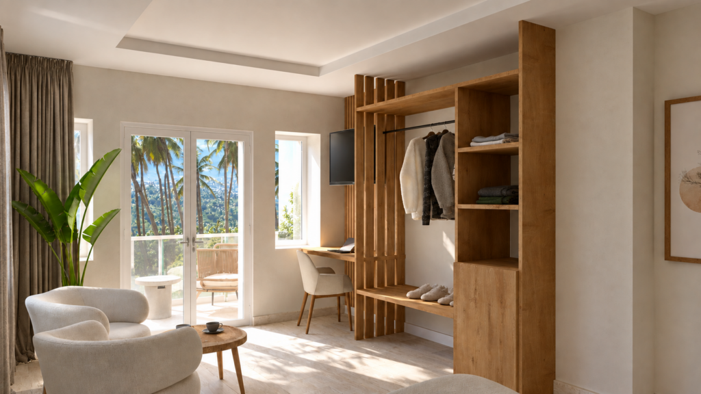 Beachfront Studio – After Interior View 2 After: serene completed interior with natural light in the beachfront studio.