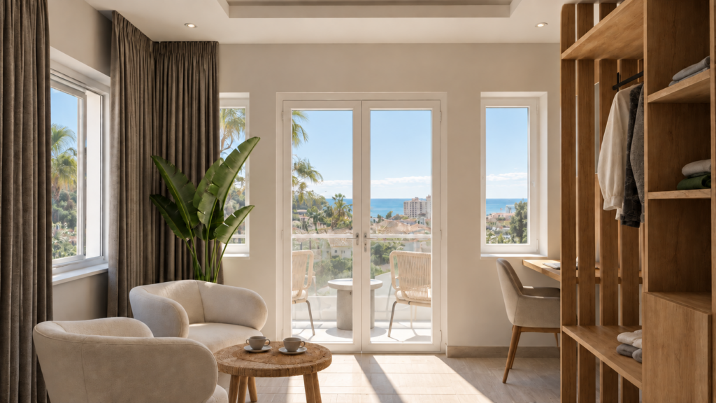 After: completed contemporary coastal interior in the beachfront studio.