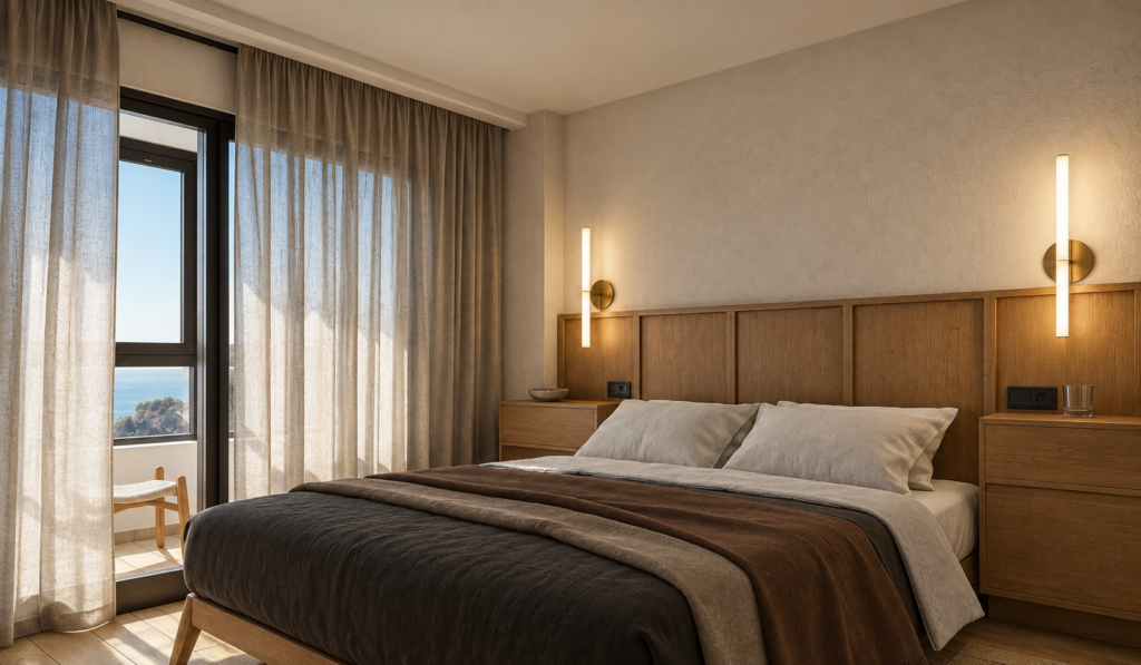 Dormitorio en tonos cálidos con cabecero de madera y apliques junto a la cama | Warm-toned bedroom with a wooden headboard and bedside wall lights