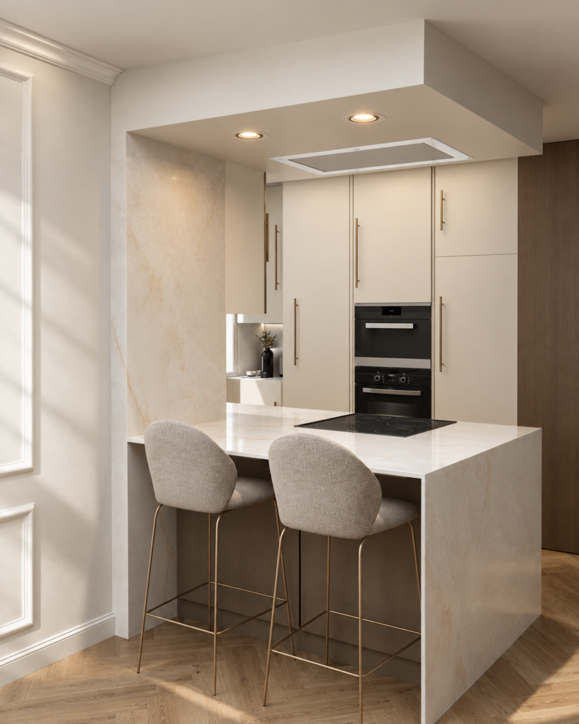 Huelin Kitchen Renovation – After View 3 After: completed warm contemporary kitchen renovation in Málaga.