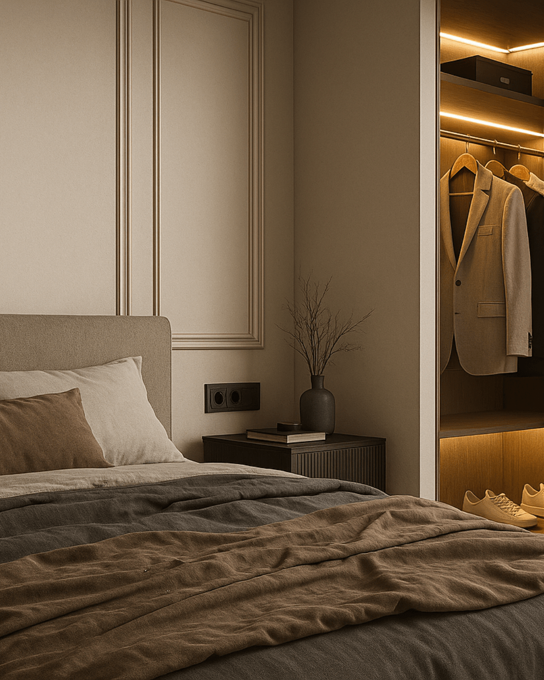 Propuesta de dormitorio principal contemporáneo con una estética cálida
