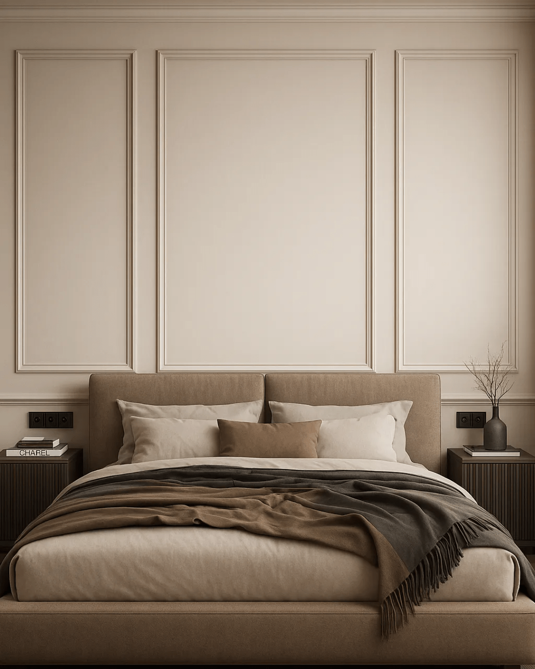 Dormitorio en tonos beige con cama de cabecero tapizado, molduras de pared y mesillas oscuras