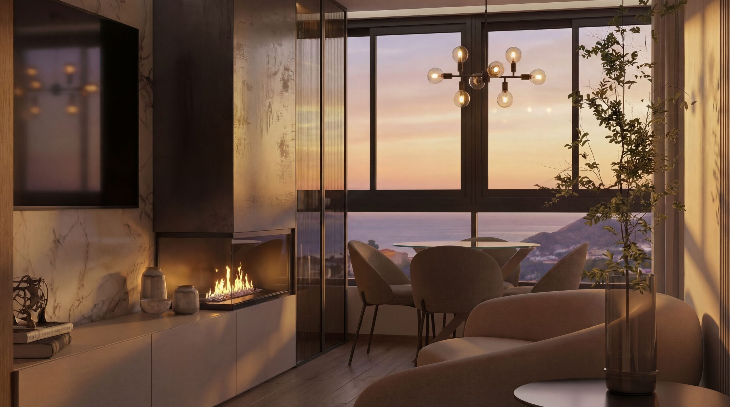 Modern Mediterranean living room with fireplace and sunset sea views designed by Costa del Sol interior designer