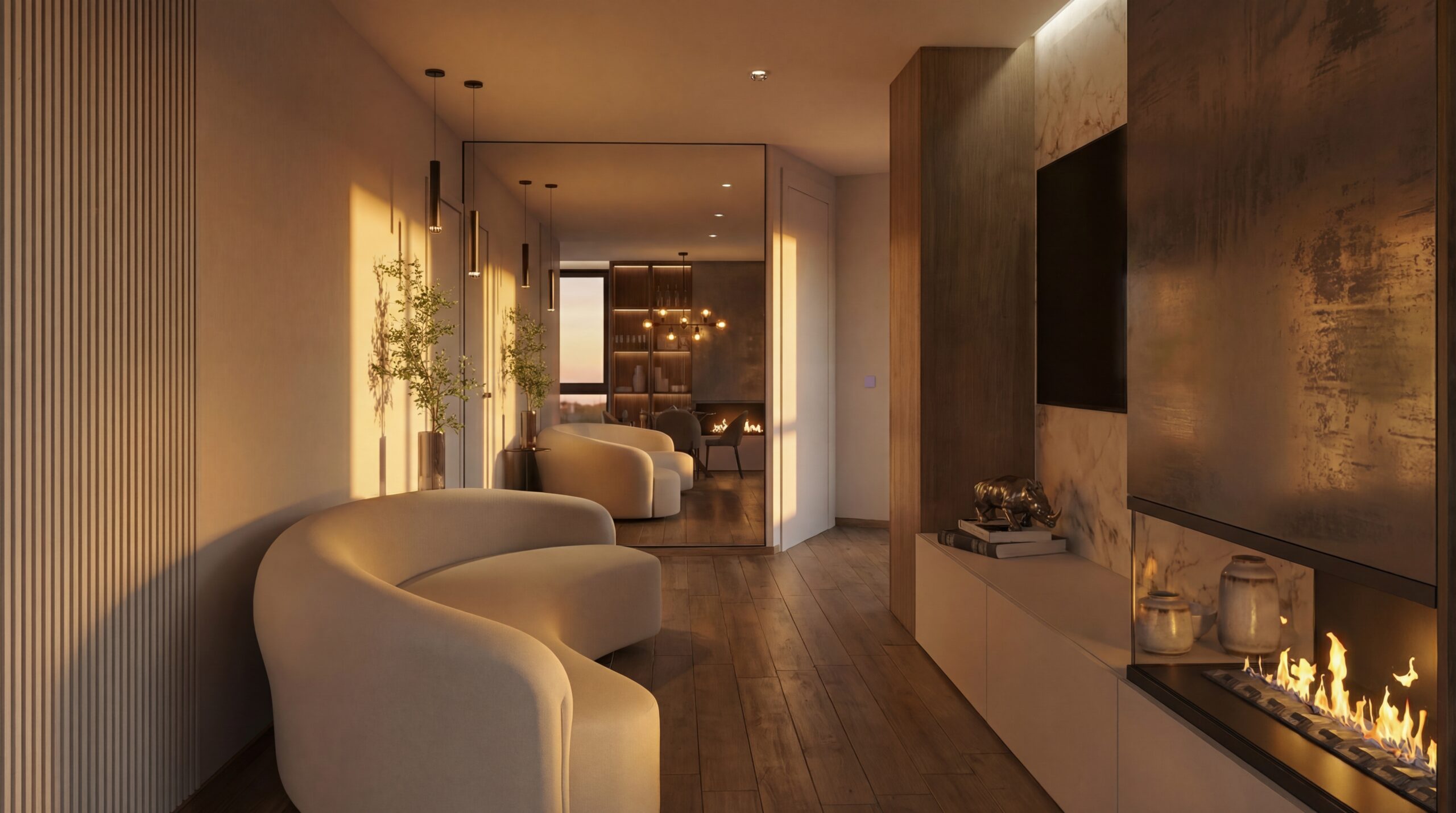 Salón mediterráneo en Marbella con iluminación cálida, materiales naturales y chimenea moderna