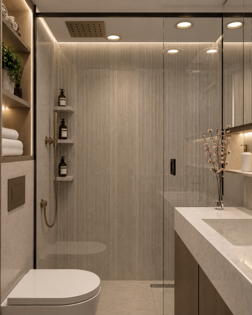 After: completed modern bathroom with a refined neutral design.