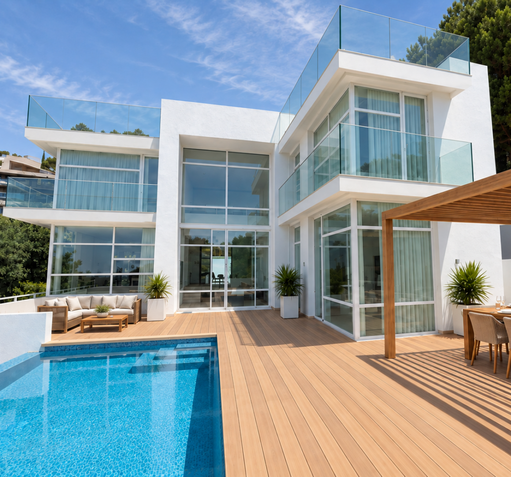 Vivienda contemporánea con piscina, fachada acristalada y terraza de madera | Contemporary home with a pool, glazed facade and timber terrace