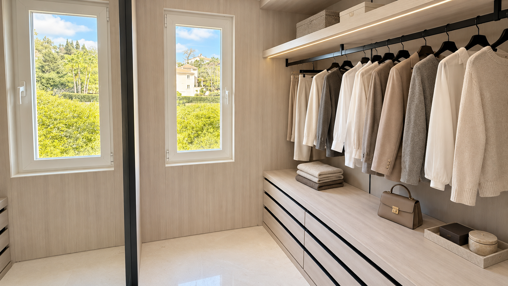Completed bespoke walk-in wardrobe with custom cabinetry