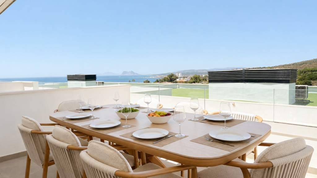 Comedor exterior en Manilva con vistas al mar y al Peñón de Gibraltar