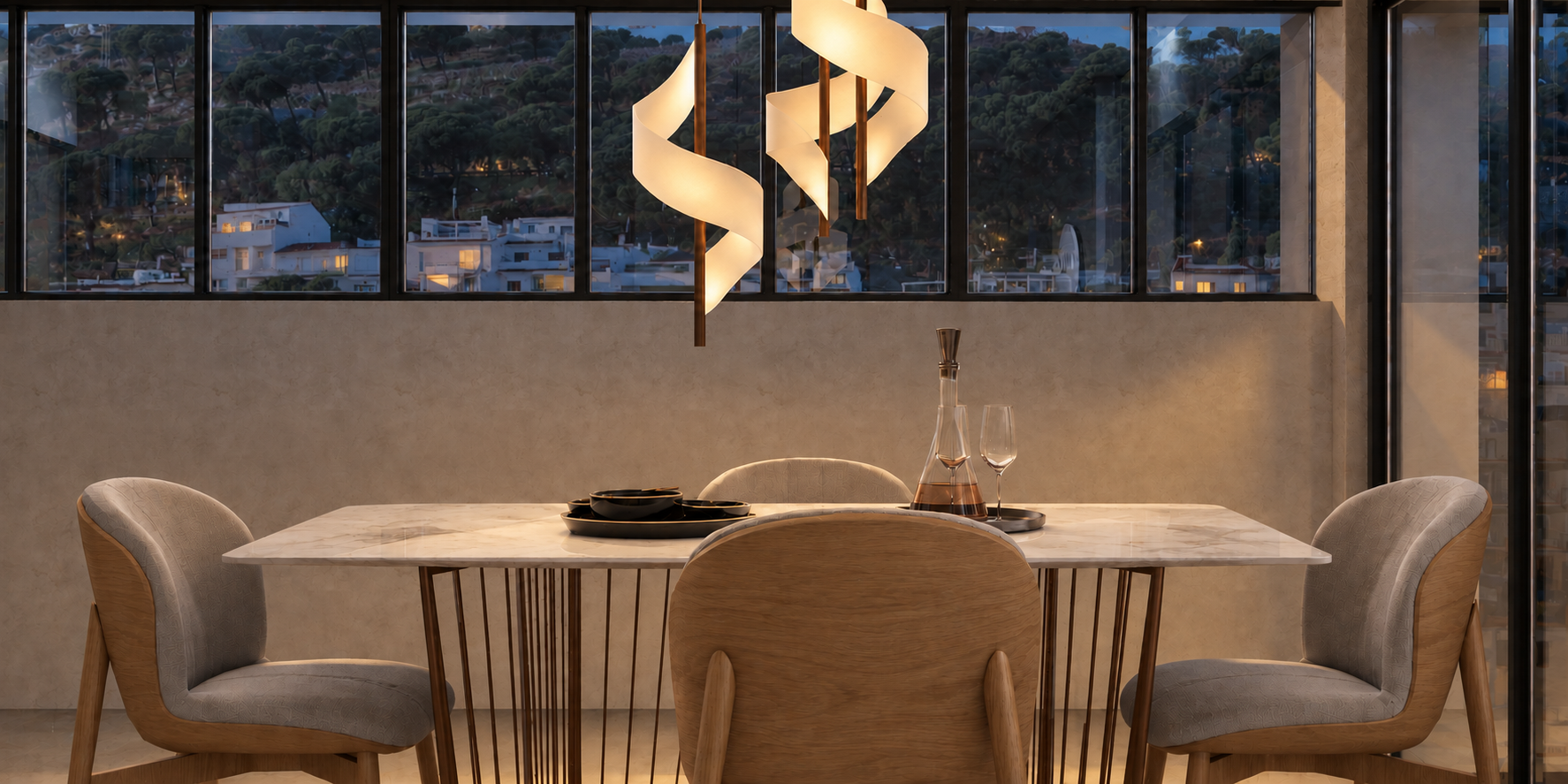 Resultado del comedor con mesa de mármol y vistas al atardecer en la Costa del Sol