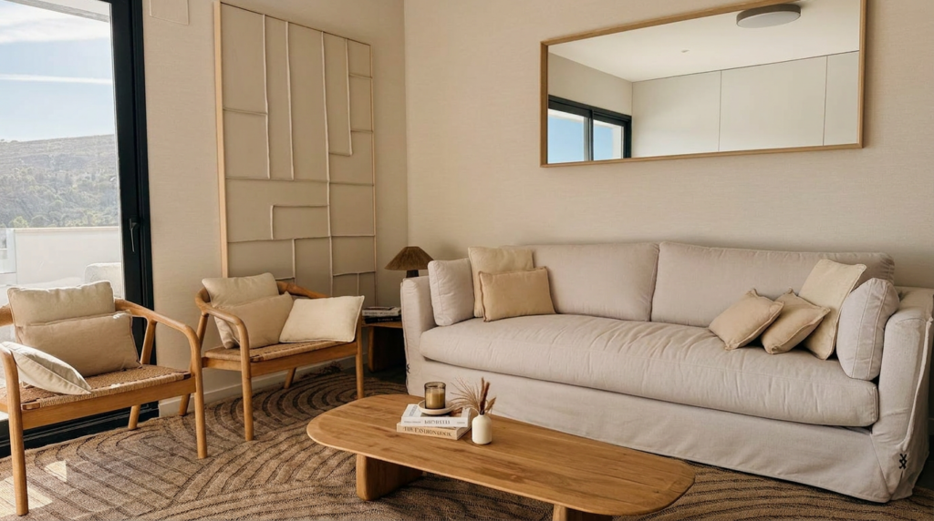 Salón amueblado con sofá claro y mesa de madera en Manilva