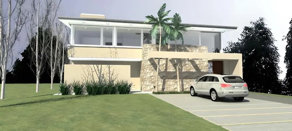 Diseño exterior frontal de villa contemporánea con piedra natural | Front exterior design of a contemporary villa with natural stone