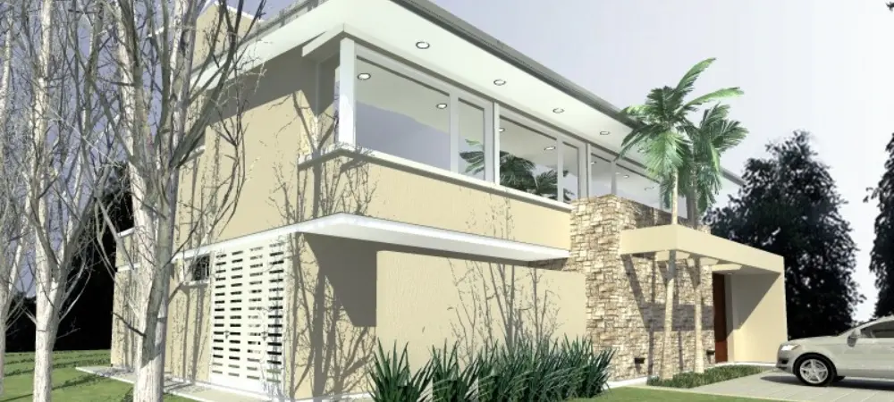 Diseño exterior de villa contemporánea con fachada de piedra, vista lateral | Contemporary villa exterior design with stone façade, side view