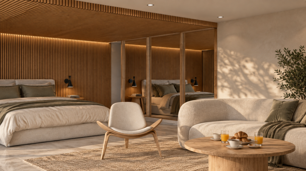 After: luxury Marbella interior with timber detailing and integrated lighting.