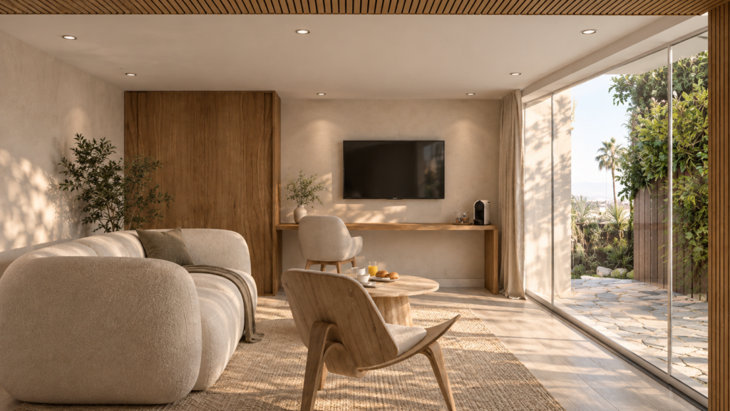After: refined Marbella interior with organic forms and natural textures.