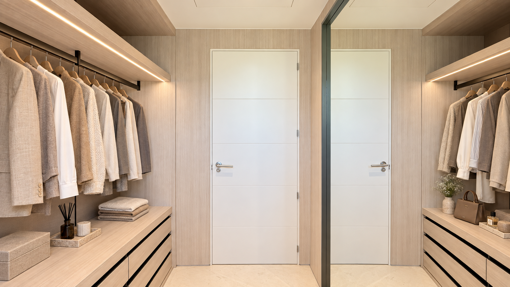 After: bespoke walk-in wardrobe with warm wood and anthracite details in Mijas.
