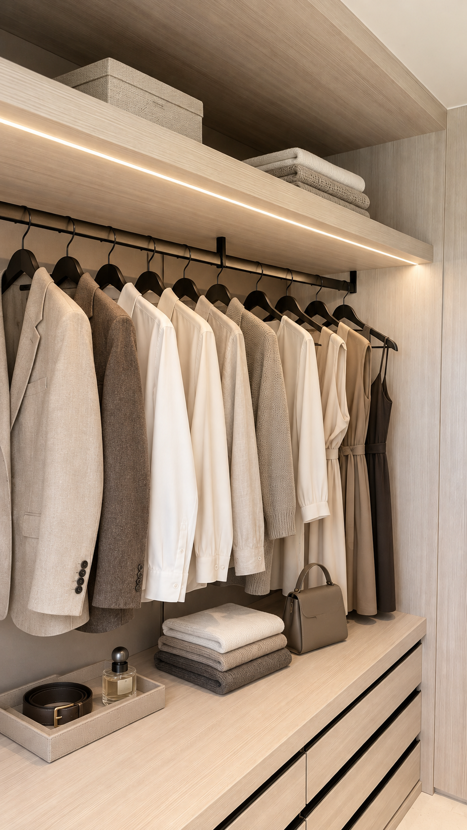 After: bespoke walk-in wardrobe with full-height mirror and organised storage.