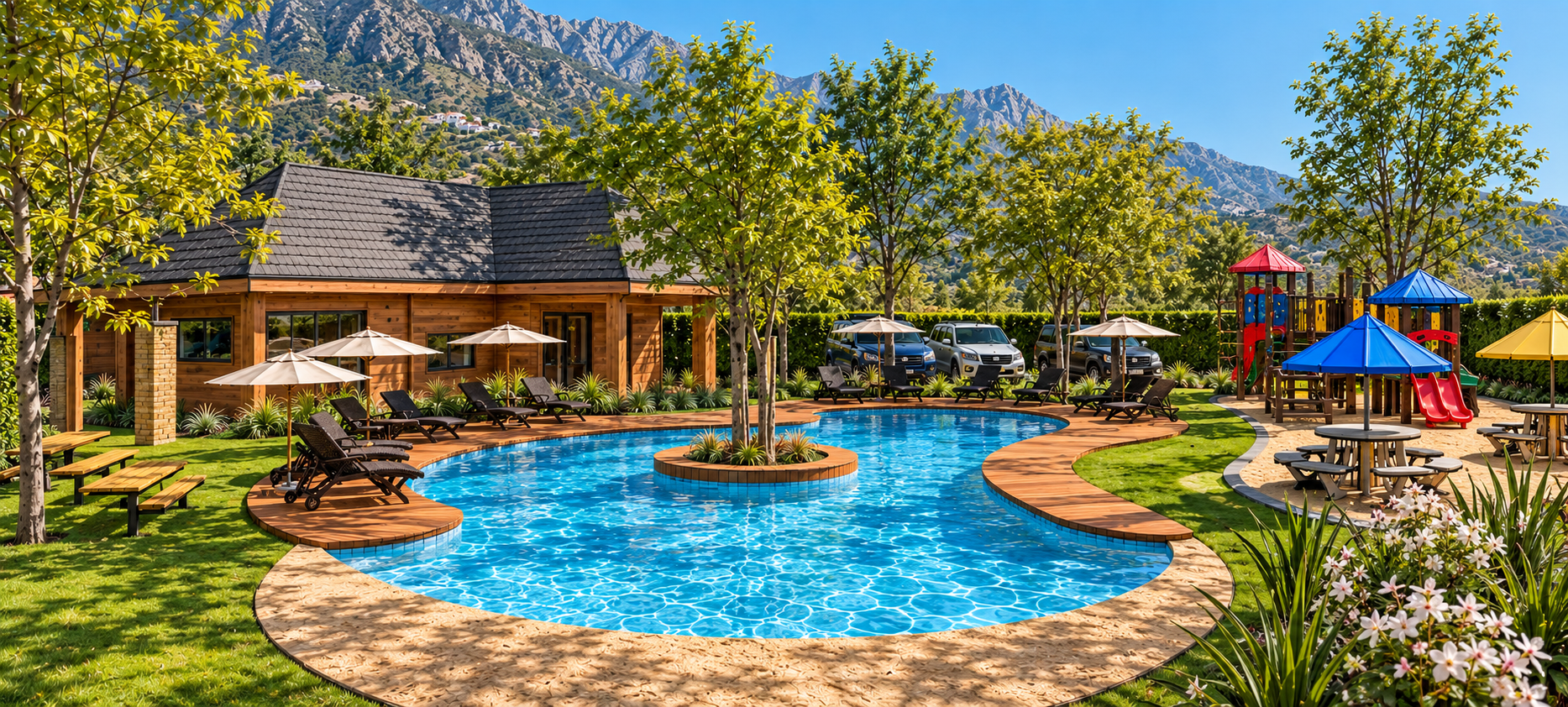Design visualization of a Costa del Sol glamping retreat with a pool, trees and shared outdoor spaces.
