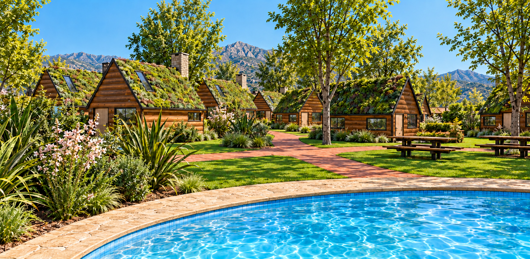 Design visualization of green-roof cabins, paths and poolside seating.