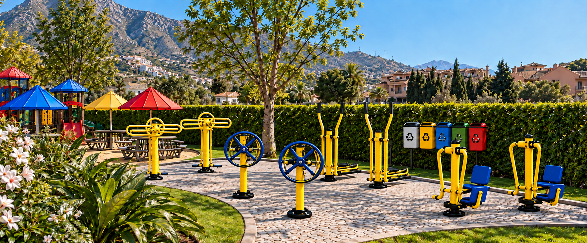 Design visualization of adult outdoor fitness equipment and a waste sorting station.
