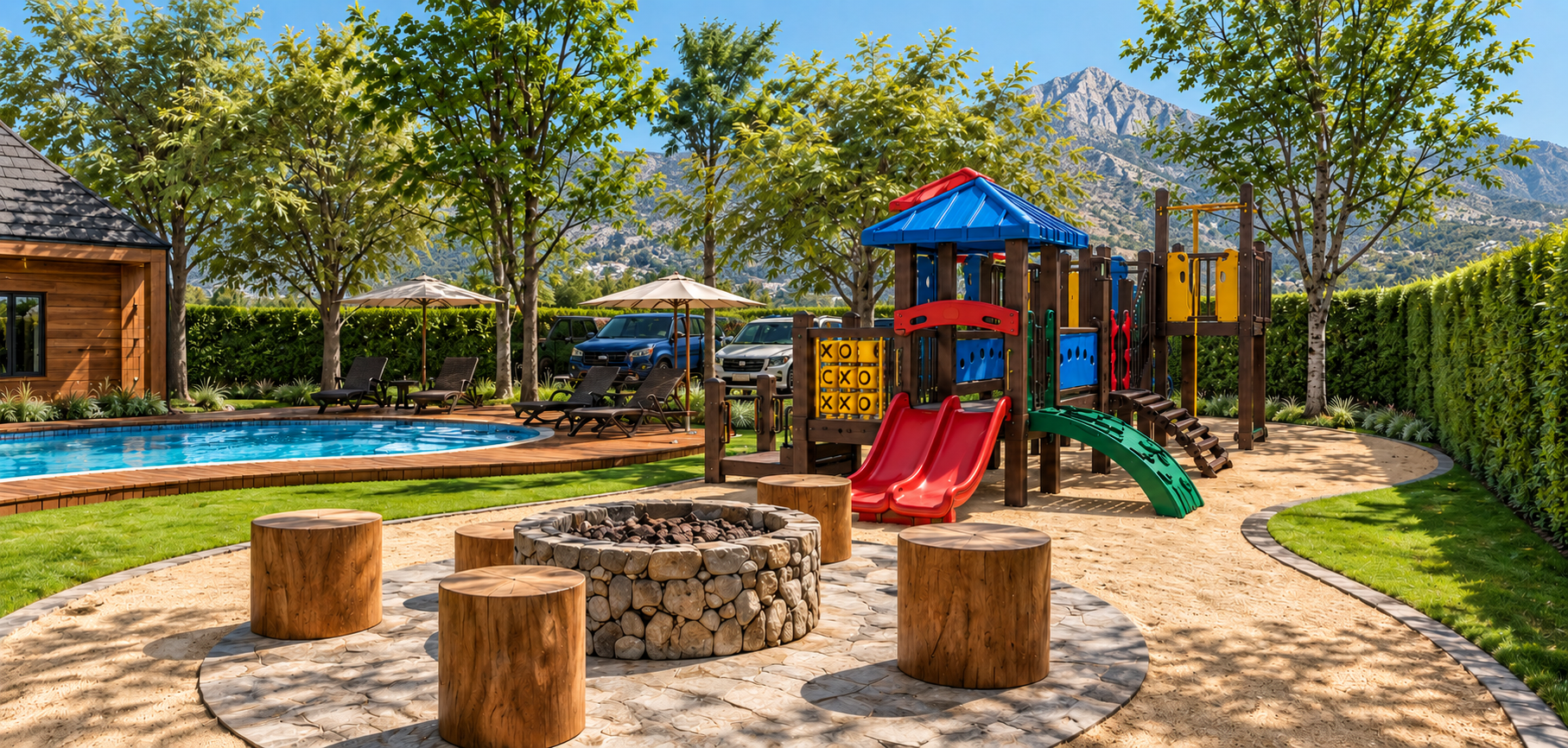 Design visualization of a play area and outdoor gathering space with timber seating.