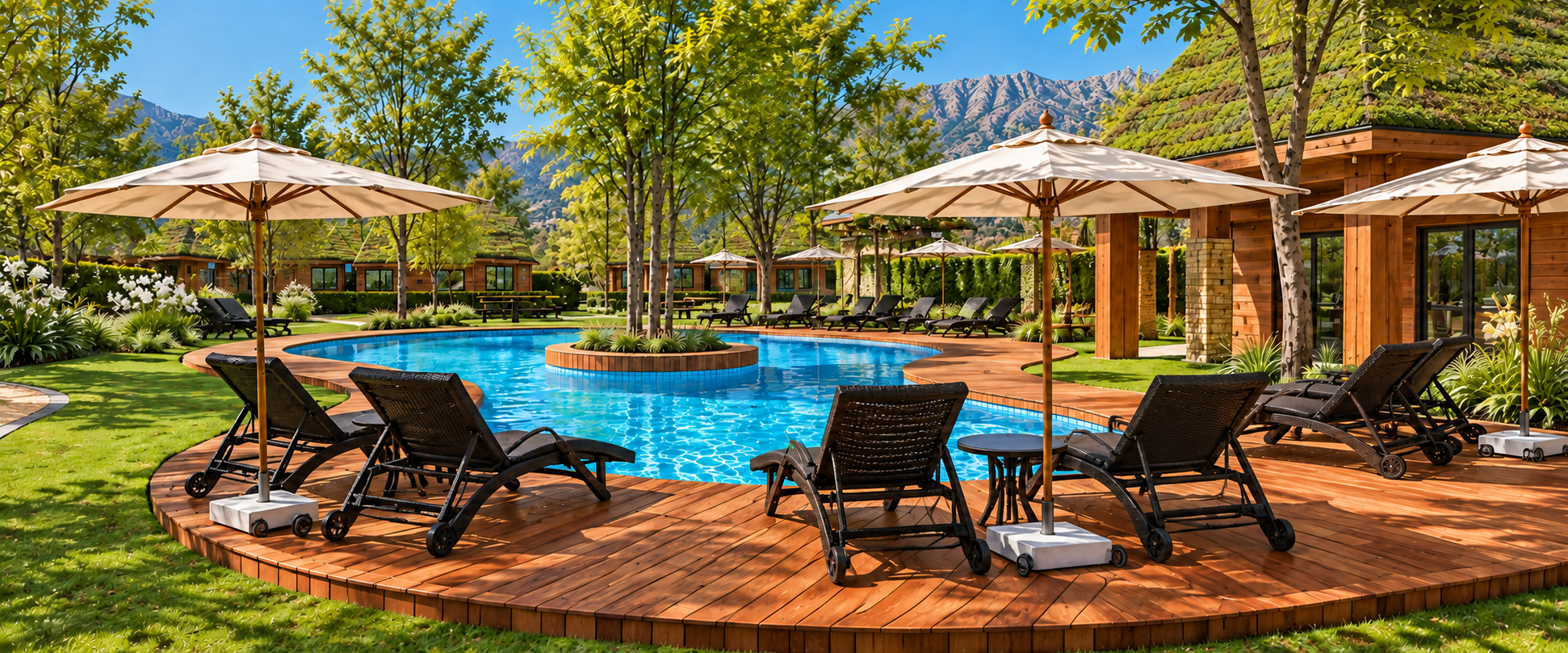 Design visualization of the glamping pool and sun deck with loungers and parasols.