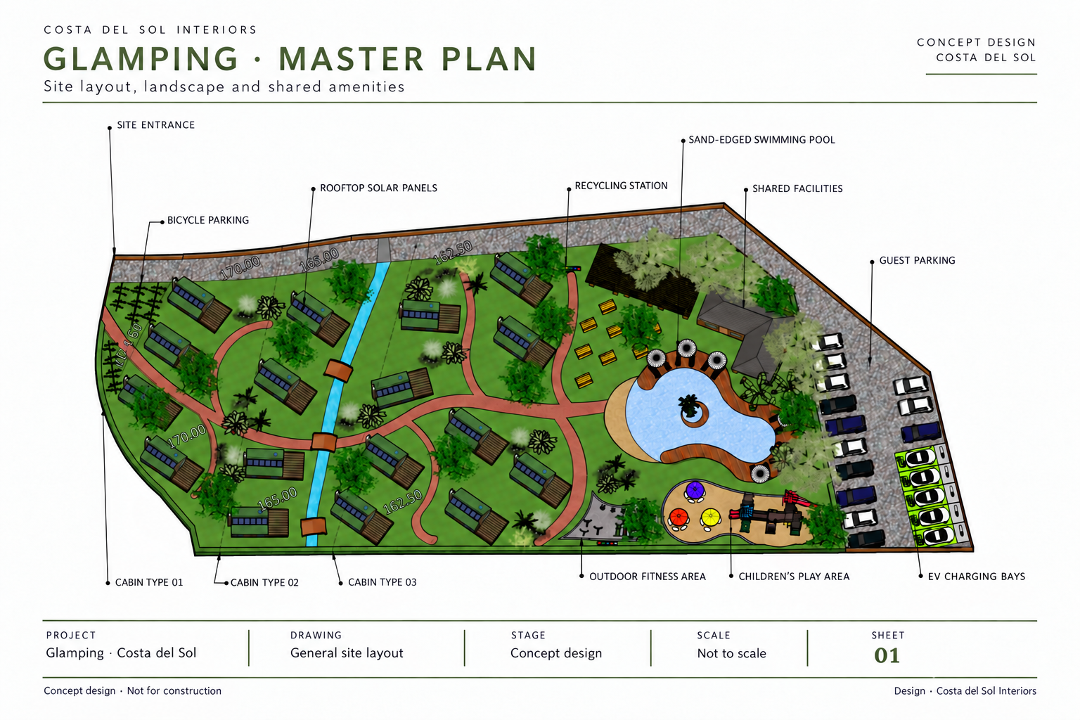 Conceptual glamping site masterplan showing cabins, shared amenities and mobility facilities.