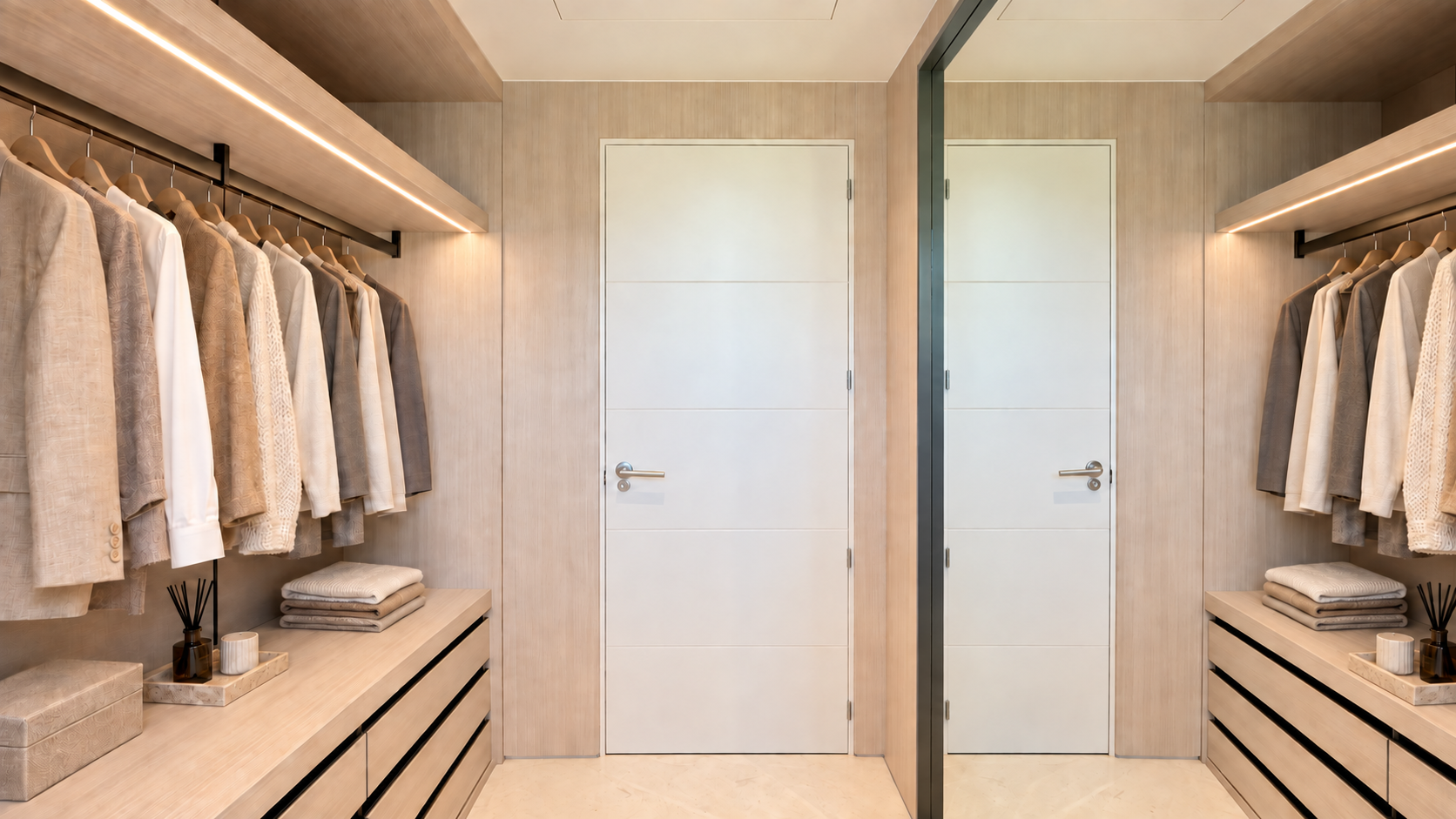 Vestidor a medida en Mijas con madera clara, iluminación integrada y espejo de cuerpo entero